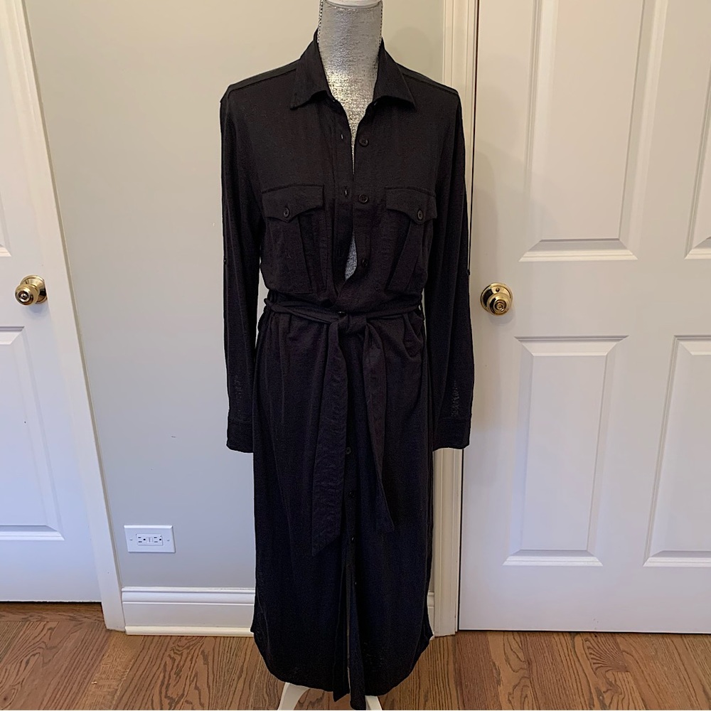 Majestic Filatures, stretch linen pocket shirt dress with waist tie. Size 3 (M )